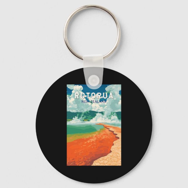 Rotorua New Zealand Illustration Travel Art Retro  Key Ring (Front)