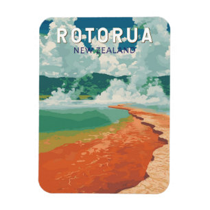 Rotorua New Zealand Illustration Travel Art Retro Magnet