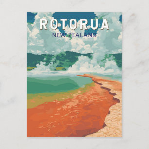 Rotorua New Zealand Illustration Travel Art Retro Postcard