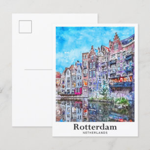 Rotterdam Netherlands Travel Watercolor Hand Drawn Postcard