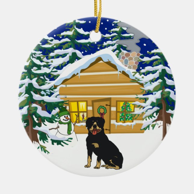 Rottie Christmas Log Cabin Ceramic Tree Decoration (Front)