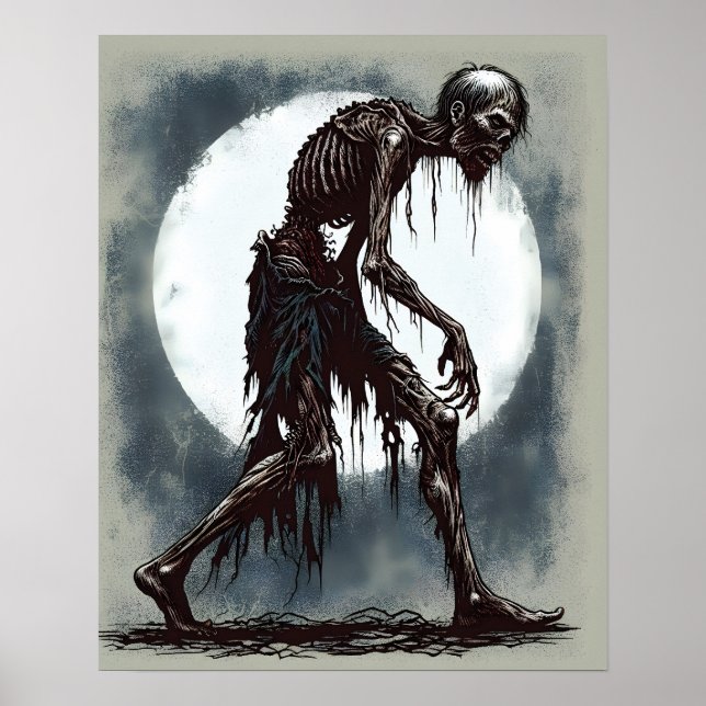 Rotting Zombie, Full Moon, Scary Illustration Poster (Front)