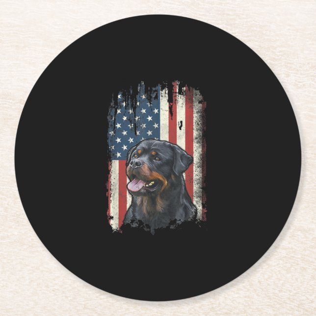 rottweiler american flag  usa patriotic dog lover round paper coaster (Front)