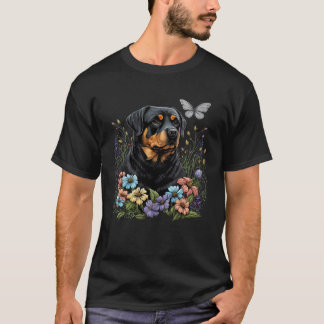 Rottweiler and Butterfly in the Spring Garden Flor T-Shirt