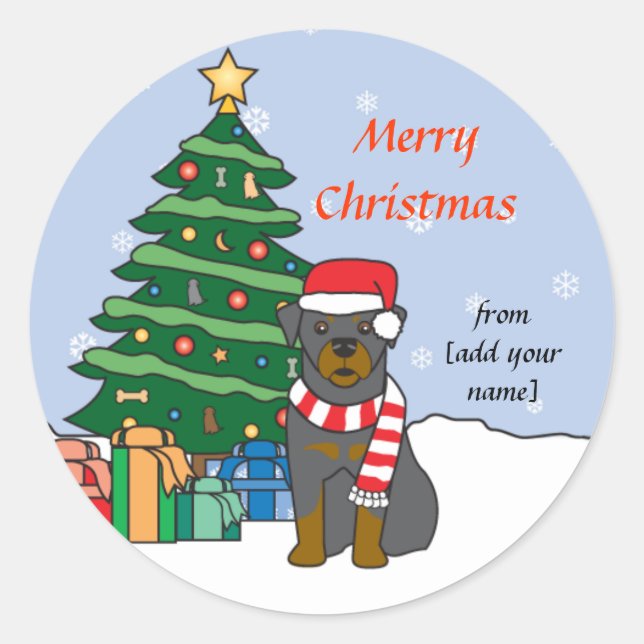 Rottweiler and Christmas Tree Classic Round Sticker (Front)
