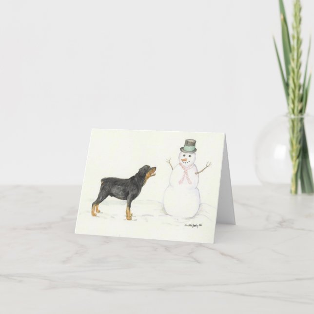 Rottweiler and Snowman Dog Art Note Card (Front)