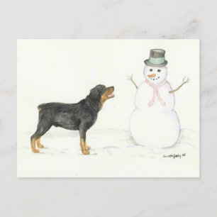 Rottweiler and Snowman Dog Art Postcard