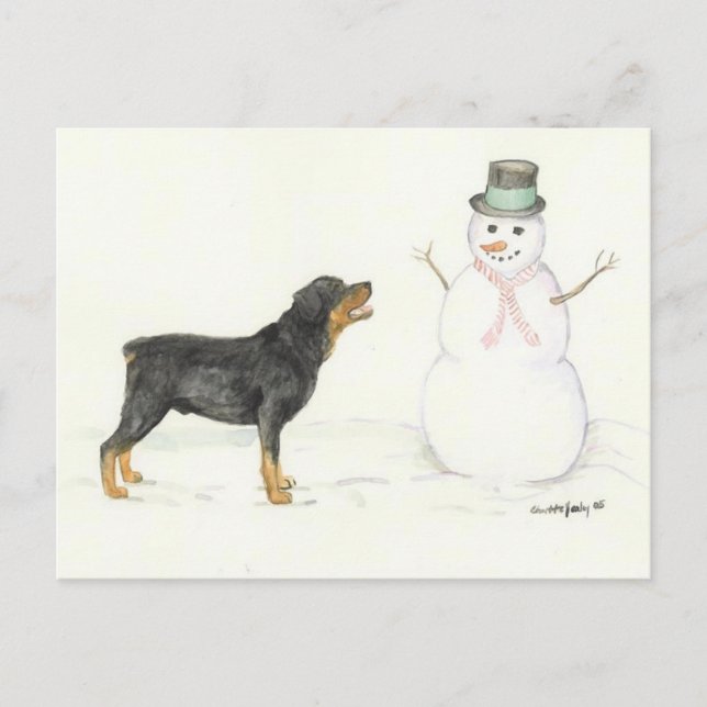 Rottweiler and Snowman Dog Art Postcard (Front)