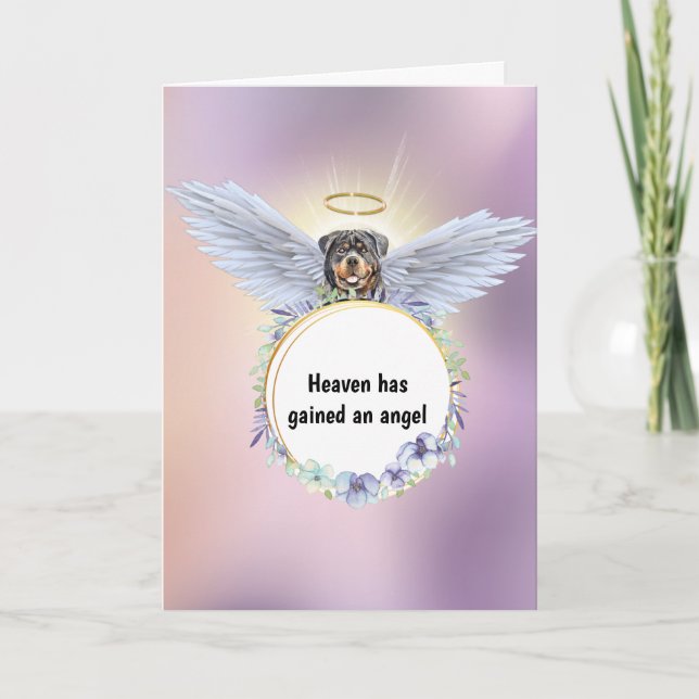 Rottweiler angel flower wreath dusky pink sky card (Front)