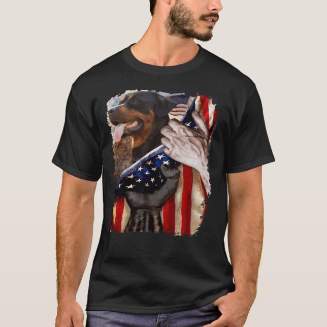 Rottweiler Behind American Flag T-Shirt (Front)