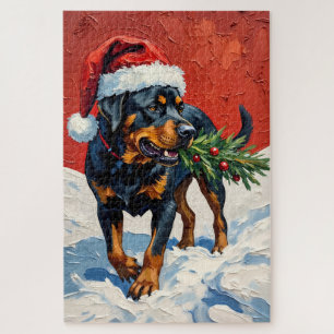 Rottweiler Carrying Christmas Tree Sapling Hat Jigsaw Puzzle