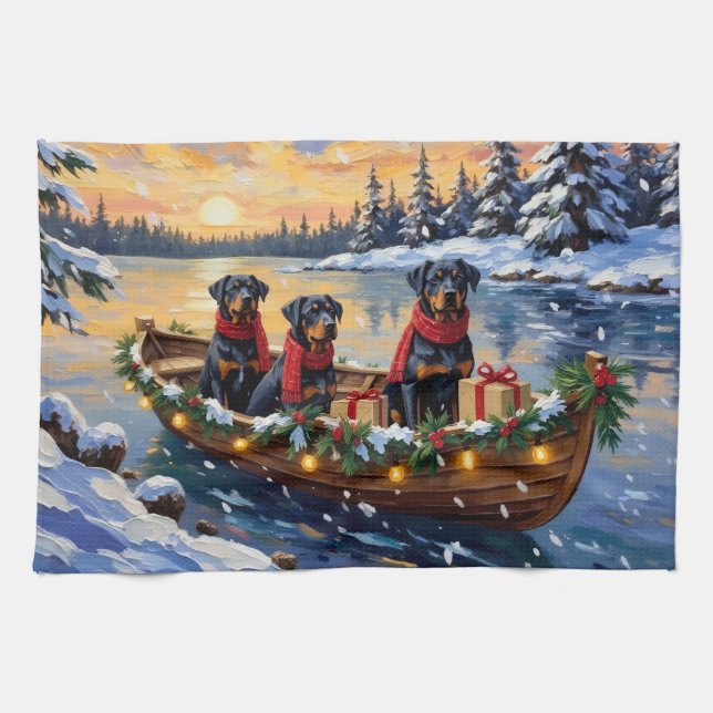 Rottweiler Christmas Boat Holiday Tea Towel (Horizontal)
