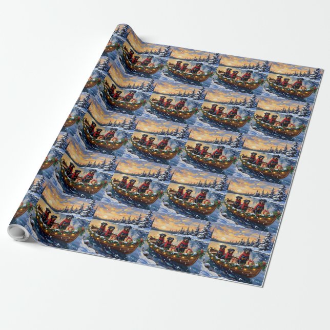 Rottweiler Christmas Boat Holiday Wrapping Paper (Unrolled)
