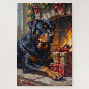 Rottweiler Christmas Fireplace Guardian Jigsaw Puzzle