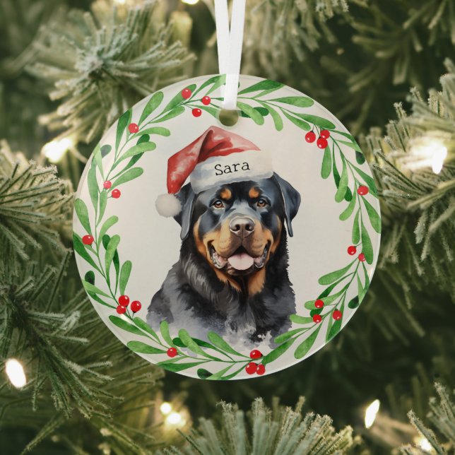Rottweiler Christmas Personalised Monogram Name Glass Tree Decoration (Insitu)