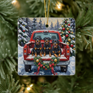 Rottweiler Christmas Red Truck Holiday Ceramic Ornament