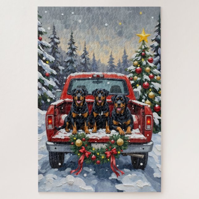 Rottweiler Christmas Red Truck Holiday Jigsaw Puzzle (Vertical)