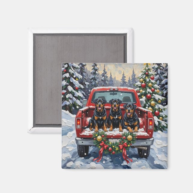 Rottweiler Christmas Red Truck Holiday Magnet (Front/Back)