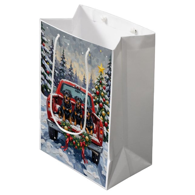 Rottweiler Christmas Red Truck Holiday Medium Gift Bag (Front Angled)