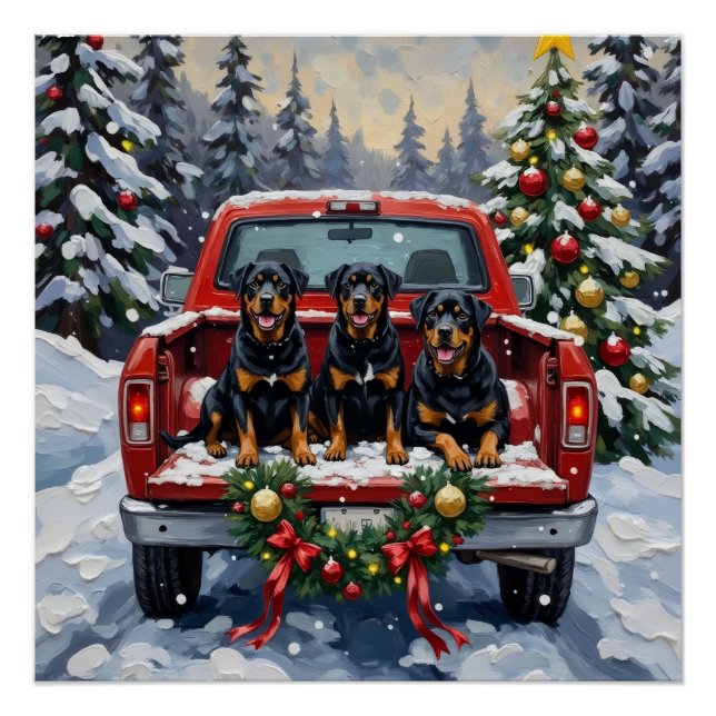 Rottweiler Christmas Red Truck Holiday Poster (Front)