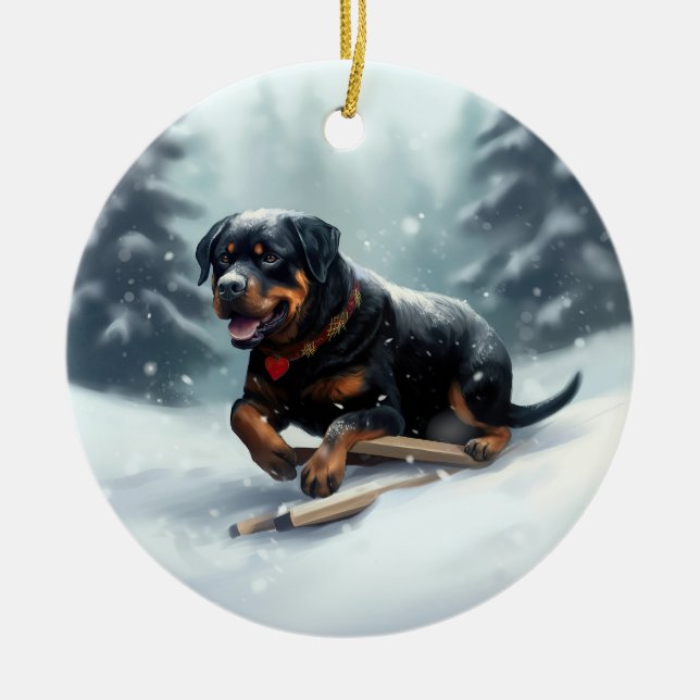 Rottweiler Christmas snow winter Throw Pillow Ceramic Tree Decoration (Front)