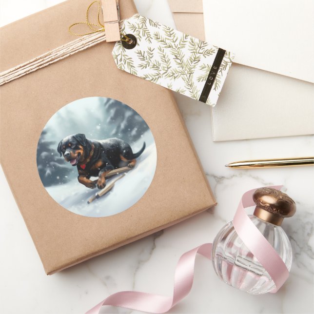 Rottweiler Christmas snow winter Throw Pillow Classic Round Sticker (Gifting)