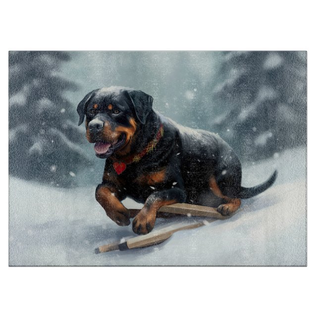 Rottweiler Christmas snow winter Throw Pillow Cutting Board (Front)