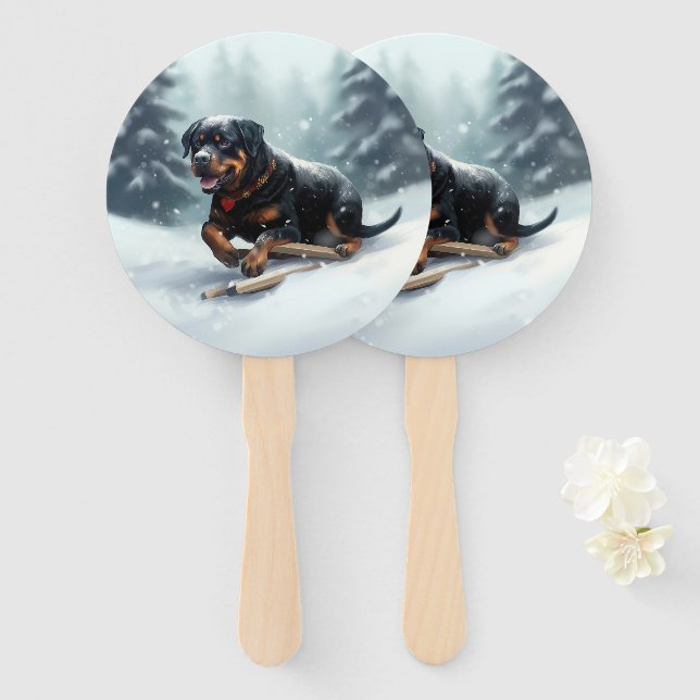 Rottweiler Christmas snow winter Throw Pillow Hand Fan (Front and Back)