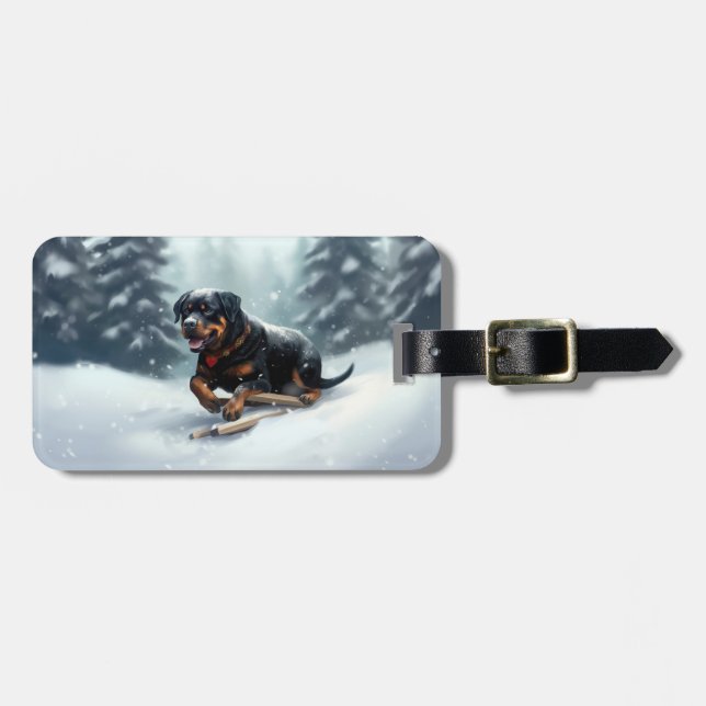 Rottweiler Christmas snow winter Throw Pillow Luggage Tag (Front Horizontal)