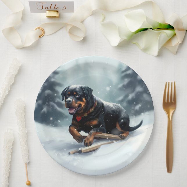 Rottweiler Christmas snow winter Throw Pillow Paper Plate (Wedding)