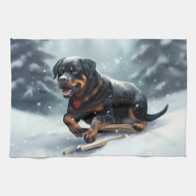 Rottweiler Christmas snow winter Throw Pillow Tea Towel (Horizontal)