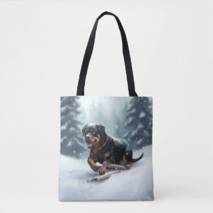 Rottweiler Christmas snow winter Throw Pillow Tote Bag