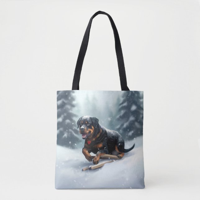 Rottweiler Christmas snow winter Throw Pillow Tote Bag (Front)