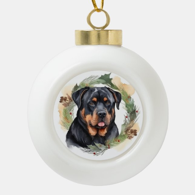 Rottweiler Christmas Wreath Festive Pup Ceramic Ball Christmas Ornament (Front)