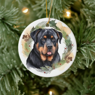 Rottweiler Christmas Wreath Festive Pup Ceramic Tree Decoration