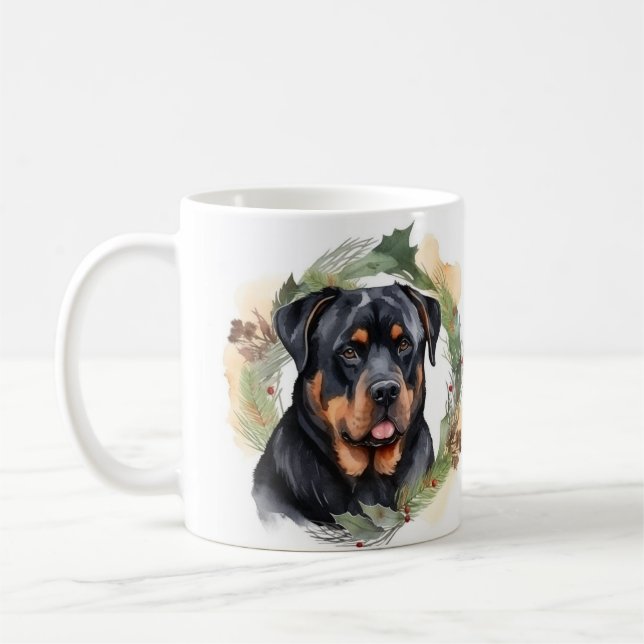 Rottweiler Christmas Wreath Festive Pup Coffee Mug (Left)