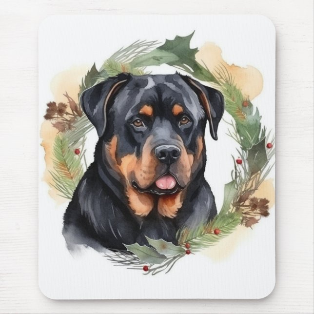 Rottweiler Christmas Wreath Festive Pup Mouse Mat (Front)
