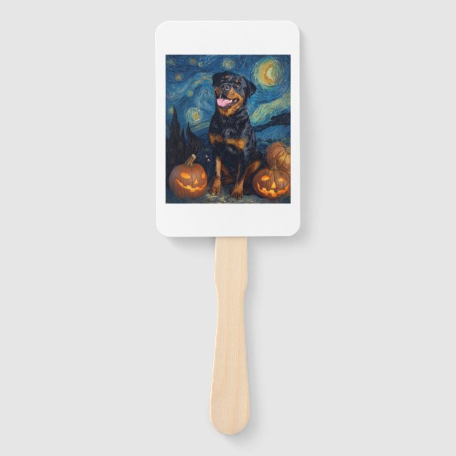 Rottweiler Cute Dog Halloween Jack O Lantern Pumpk Hand Fan (Front)