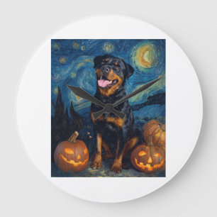 Rottweiler Cute Dog Halloween Jack O Lantern Pumpk Large Clock
