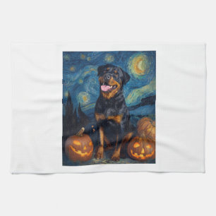 Rottweiler Cute Dog Halloween Jack O Lantern Pumpk Tea Towel