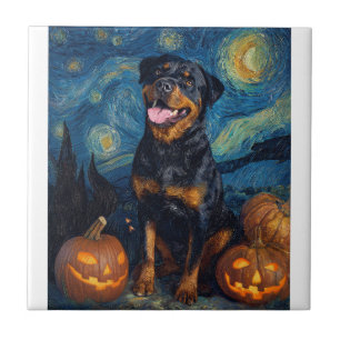 Rottweiler Cute Dog Halloween Jack O Lantern Pumpk Tile