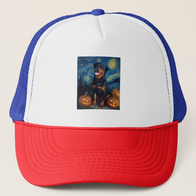 Rottweiler Cute Dog Halloween Jack O Lantern Pumpk Trucker Hat (Front)