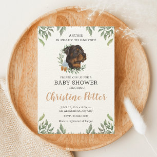 Rottweiler Dog Boy Boho Greenery Baby Shower Invitation