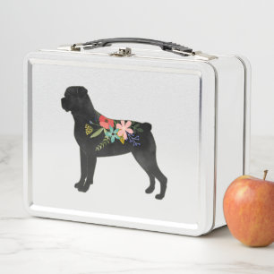 Rottweiler Dog Breed  Boho Floral Silhouette Metal Lunch Box