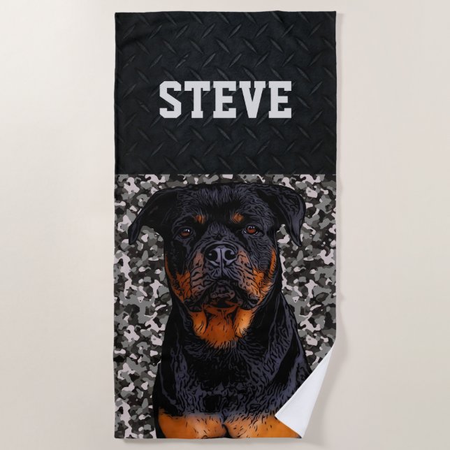 Rottweiler Dog Camo Animal Name Cool Rugged Puppy Beach Towel (Front)