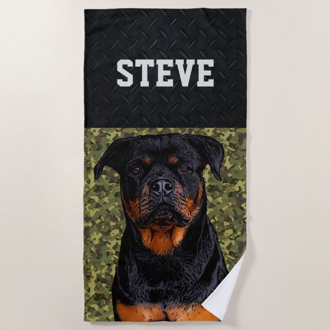 Rottweiler Dog Camo Animal Name Cool Rugged Puppy  Beach Towel (Front)