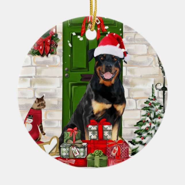 Rottweiler Dog Christmas  Ceramic Tree Decoration (Front)