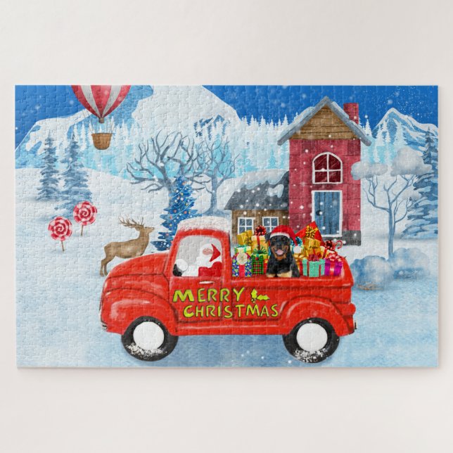 Rottweiler Dog Christmas Delivery Truck Snow Jigsaw Puzzle (Horizontal)