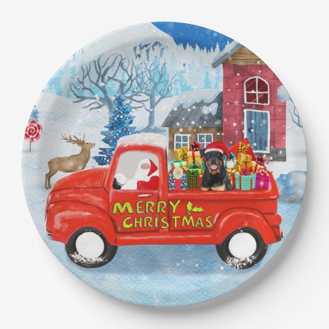 Rottweiler Dog Christmas Delivery Truck Snow   Paper Plate (Front)