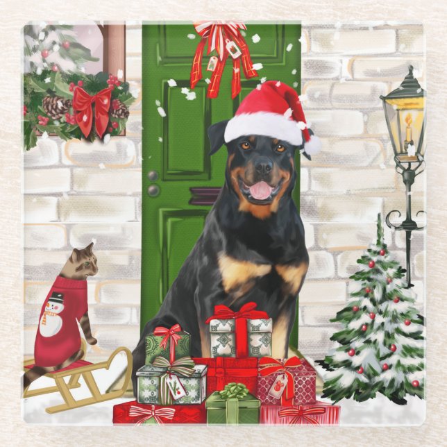 Rottweiler Dog Christmas  Glass Coaster (Front)